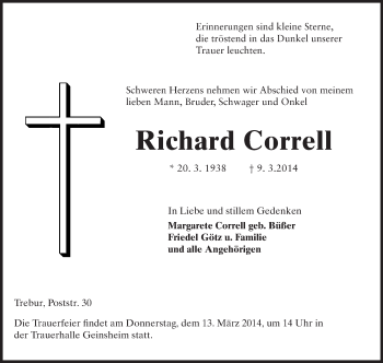 Traueranzeige von Richard Correll von Rüsselsheimer Echo, Groß-Gerauer-Echo, Ried Echo