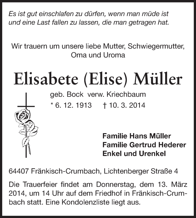  Traueranzeige für Elisabete Müller vom 12.03.2014 aus Odenwälder Echo