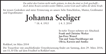 Traueranzeige von Johanna Seeliger von Echo-Zeitungen (Gesamtausgabe)
