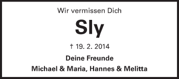 Traueranzeige von Sly  von Rüsselsheimer Echo, Groß-Gerauer-Echo, Ried Echo