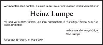 Traueranzeige von Heinz Lumpe von Rüsselsheimer Echo, Groß-Gerauer-Echo, Ried Echo