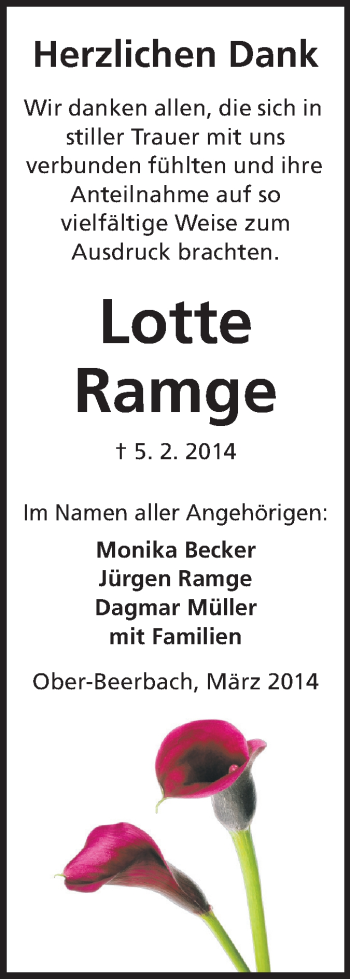 Traueranzeige von Lotte Ramge von Echo-Zeitungen (Gesamtausgabe)