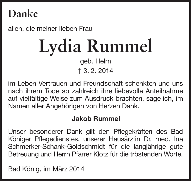  Traueranzeige für Lydia Rummel vom 15.03.2014 aus Odenwälder Echo