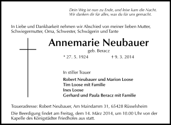 Traueranzeige von Annemarie Neubauer von Rüsselsheimer Echo, Groß-Gerauer-Echo, Ried Echo