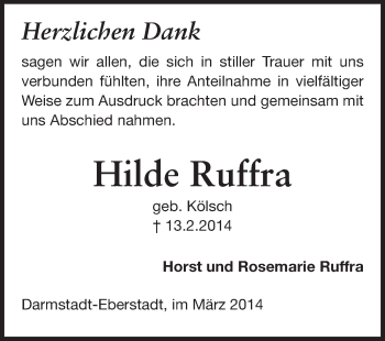 Traueranzeige von Hilde Ruffra von Echo-Zeitungen (Gesamtausgabe)