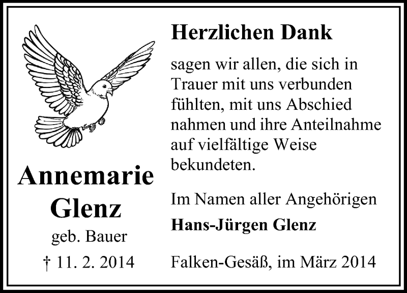  Traueranzeige für Annemarie Glenz vom 12.03.2014 aus Odenwälder Echo