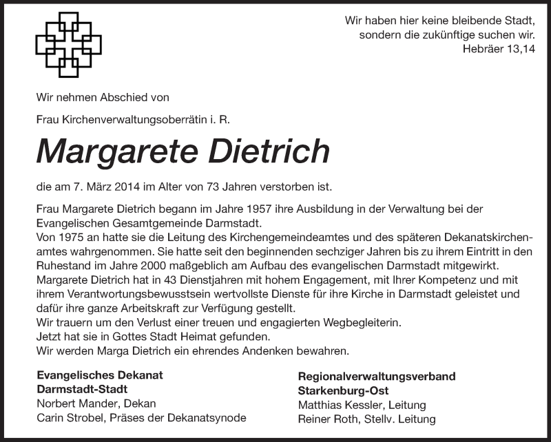  Traueranzeige für Margarete Dietrich vom 12.03.2014 aus Echo-Zeitungen (Gesamtausgabe)