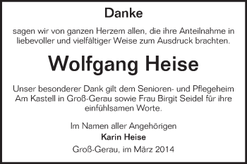 Traueranzeige von Wolfgang Heise von Rüsselsheimer Echo, Groß-Gerauer-Echo, Ried Echo