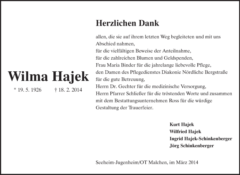  Traueranzeige für Wilma Hajek vom 15.03.2014 aus Echo-Zeitungen (Gesamtausgabe)
