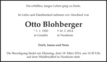 Traueranzeige von Otto Blohberger von Rüsselsheimer Echo, Groß-Gerauer-Echo, Ried Echo