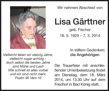 Traueranzeige von Lisa Gärttner von Odenwälder Echo