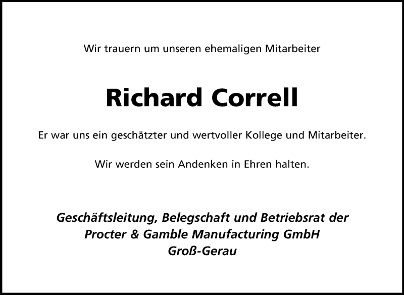  Traueranzeige für Richard Correll vom 13.03.2014 aus Rüsselsheimer Echo, Groß-Gerauer-Echo, Ried Echo