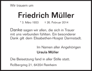 Traueranzeige von Friedrich Müller von Echo-Zeitungen (Gesamtausgabe)
