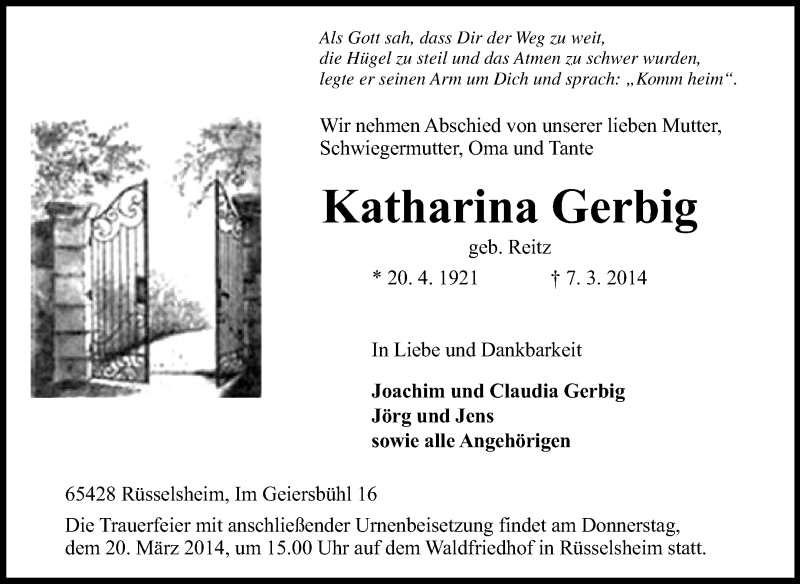  Traueranzeige für Katharina Gerbig vom 15.03.2014 aus Rüsselsheimer Echo, Groß-Gerauer-Echo, Ried Echo