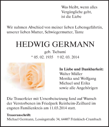 Traueranzeige von Hedwig Germann von Darmstädter Echo, Odenwälder Echo, Rüsselsheimer Echo, Groß-Gerauer-Echo, Ried Echo