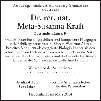 Traueranzeige von Meta-Susanna Kraft von Starkenburger Echo
