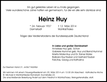 Traueranzeige von Heinz Huy von Echo-Zeitungen (Gesamtausgabe)