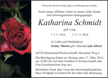 Traueranzeige von Katharina Schmidt von Odenwälder Echo