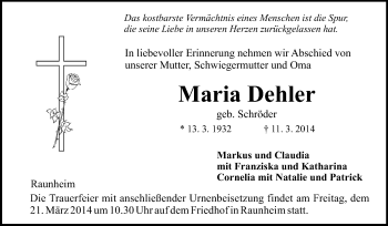 Traueranzeige von Maria Dehler von Rüsselsheimer Echo, Groß-Gerauer-Echo, Ried Echo