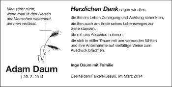 Traueranzeige von Adam Daum von Odenwälder Echo