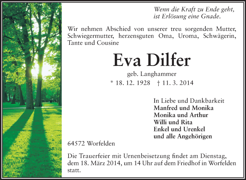  Traueranzeige für Eva Dilfer vom 17.03.2014 aus Rüsselsheimer Echo, Groß-Gerauer-Echo, Ried Echo