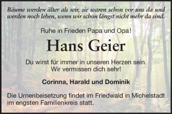 Traueranzeige von Hans Geier von Rüsselsheimer Echo, Groß-Gerauer-Echo, Ried Echo