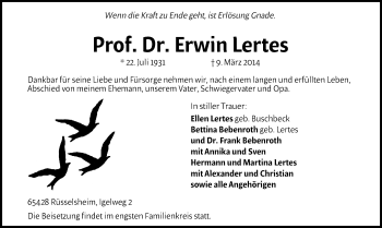 Traueranzeige von Erwin Lertes von Rüsselsheimer Echo, Groß-Gerauer-Echo, Ried Echo