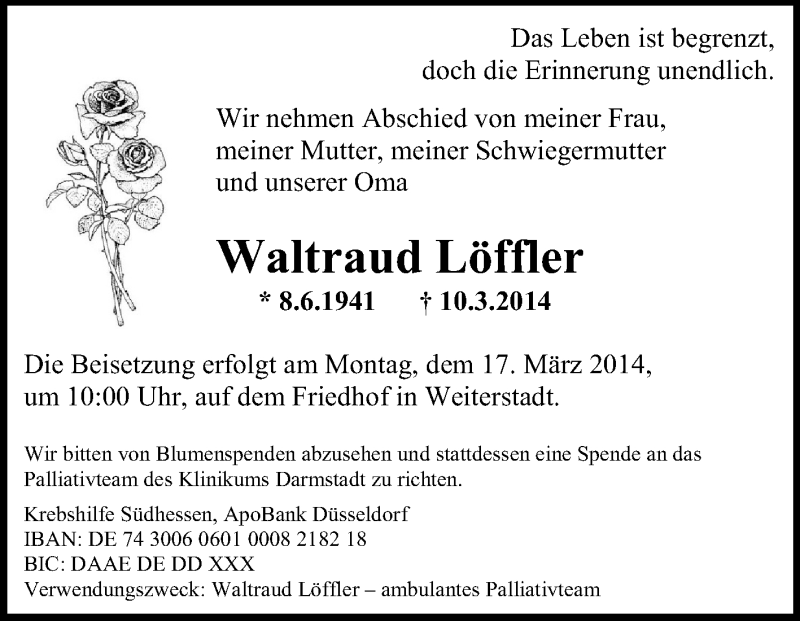  Traueranzeige für Waltraud Löffler vom 15.03.2014 aus Echo-Zeitungen (Gesamtausgabe)