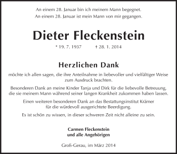 Traueranzeige von Dieter Fleckenstein von Rüsselsheimer Echo, Groß-Gerauer-Echo, Ried Echo