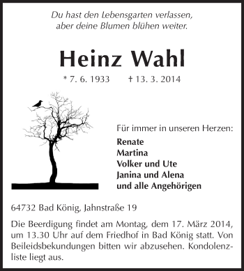 Traueranzeige von Heinz Wahl von Odenwälder Echo