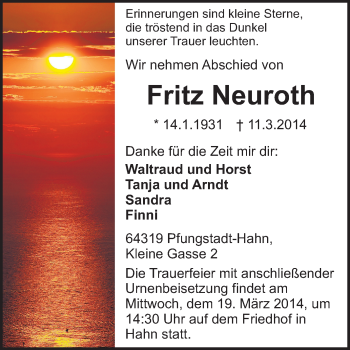 Traueranzeige von Fritz Neuroth von Echo-Zeitungen (Gesamtausgabe)