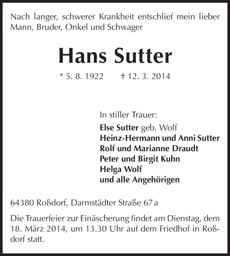  Traueranzeige für Hans Sutter vom 15.03.2014 aus Echo-Zeitungen (Gesamtausgabe)