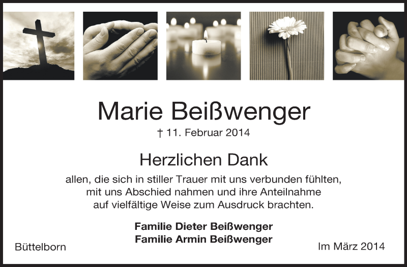  Traueranzeige für Marie Beißwenger vom 19.03.2014 aus Rüsselsheimer Echo, Groß-Gerauer-Echo, Ried Echo