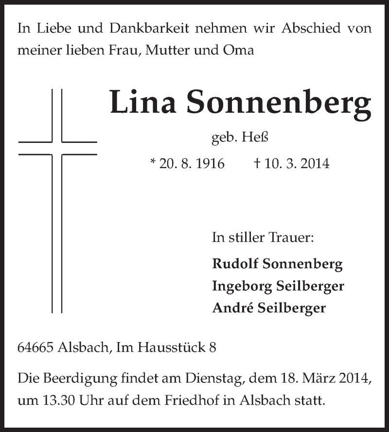  Traueranzeige für Lina Sonnenberg vom 15.03.2014 aus Echo-Zeitungen (Gesamtausgabe)
