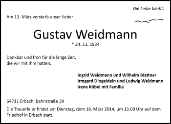 Traueranzeige von Gustav Weidmann von Odenwälder Echo