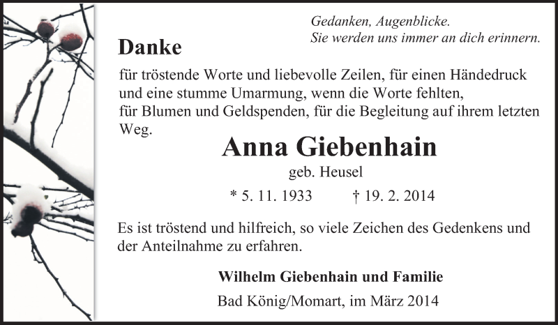  Traueranzeige für Anna Giebenhain vom 15.03.2014 aus Odenwälder Echo