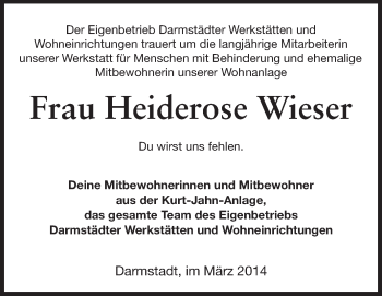 Traueranzeige von Heiderose Wieser von Echo-Zeitungen (Gesamtausgabe)