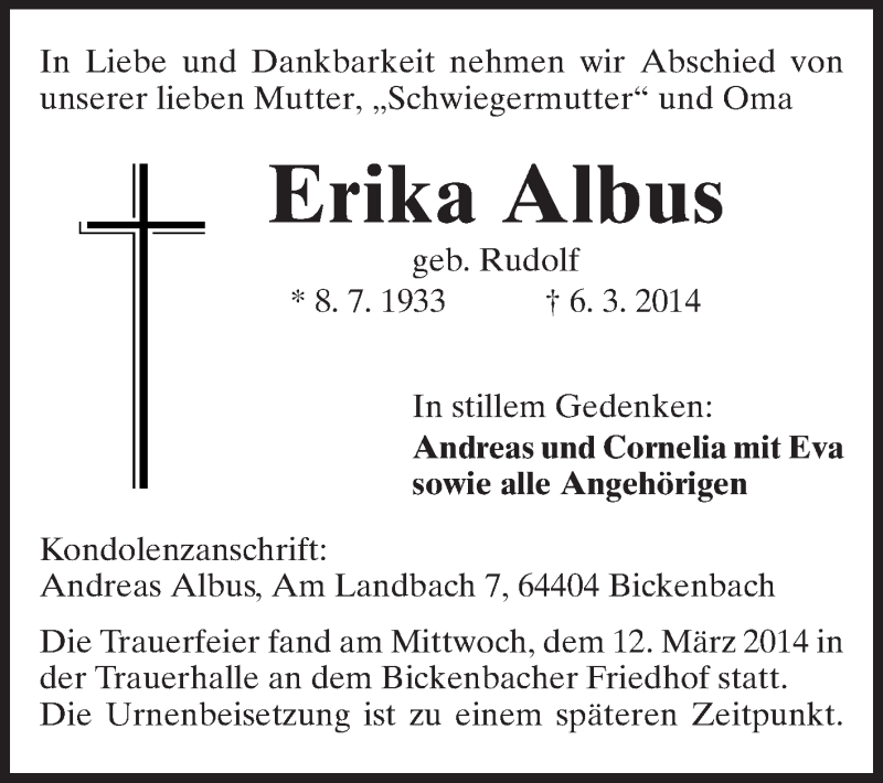  Traueranzeige für Erika Albus vom 15.03.2014 aus Echo-Zeitungen (Gesamtausgabe)