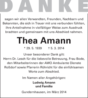 Traueranzeige von Thea Amann von Echo-Zeitungen (Gesamtausgabe)