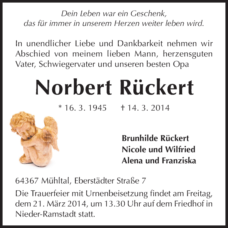  Traueranzeige für Norbert Rückert vom 18.03.2014 aus Echo-Zeitungen (Gesamtausgabe)