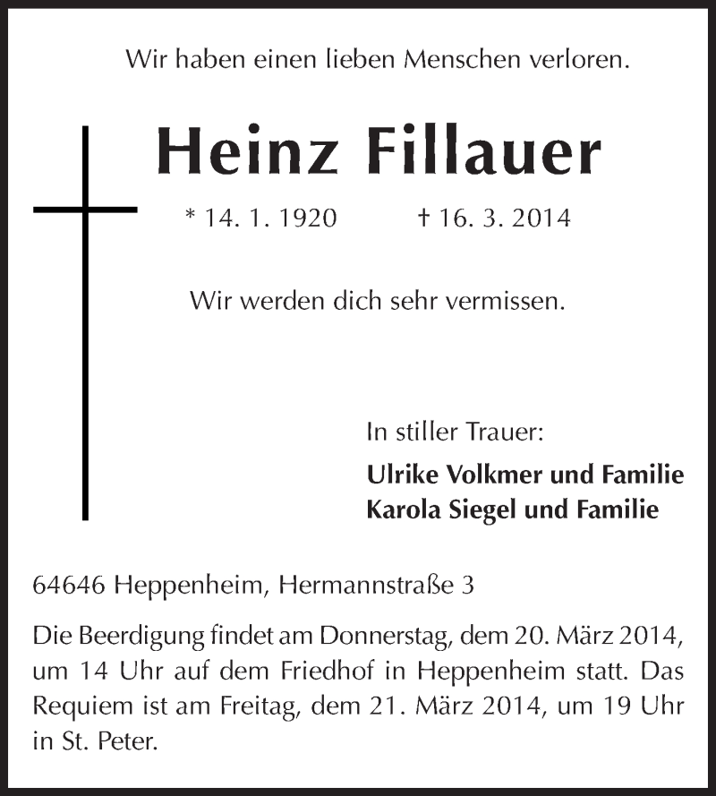  Traueranzeige für Heinz Fillauer vom 18.03.2014 aus Starkenburger Echo