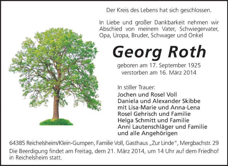  Traueranzeige für Georg Roth vom 19.03.2014 aus Echo-Zeitungen (Gesamtausgabe)