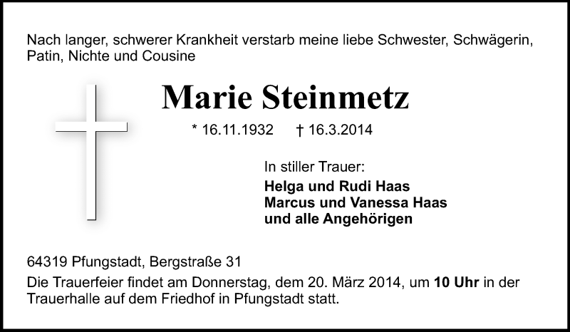  Traueranzeige für Marie Steinmetz vom 18.03.2014 aus Echo-Zeitungen (Gesamtausgabe)