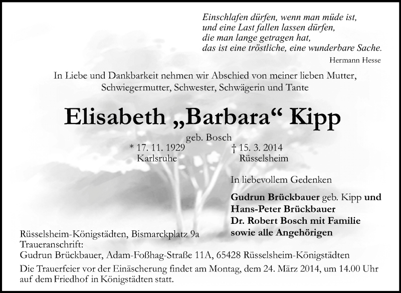  Traueranzeige für Elisabeth Barbara Kipp vom 18.03.2014 aus Rüsselsheimer Echo, Groß-Gerauer-Echo, Ried Echo
