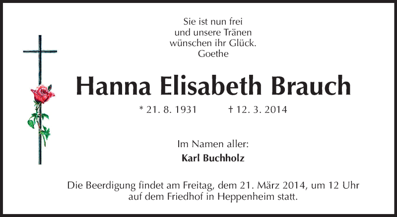  Traueranzeige für Hanna Elisabeth Brauch vom 18.03.2014 aus Starkenburger Echo