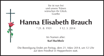 Traueranzeige von Hanna Elisabeth Brauch von Starkenburger Echo