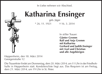 Traueranzeige von Katharina Ensinger von Starkenburger Echo