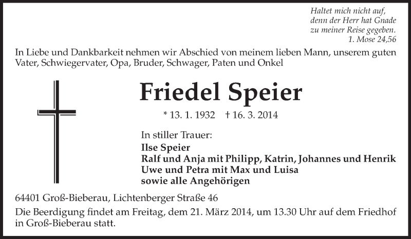  Traueranzeige für Friedel Speier vom 19.03.2014 aus Echo-Zeitungen (Gesamtausgabe)