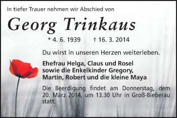 Traueranzeige von Georg Trinkaus von Echo-Zeitungen (Gesamtausgabe)