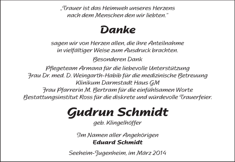  Traueranzeige für Gudrun Schmidt vom 22.03.2014 aus Echo-Zeitungen (Gesamtausgabe)